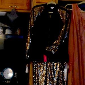 Two piece jacket and skirt never worn gold sequined and black crepe mini skirt